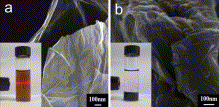 Fig. 1. FE-SEM image of GO with a free-standing sheets (a), inset demonstrates the Tyndall effect of GO. FE-SEM image of CCG nanosheets aggregated after removal of the functional groups (b). Inset picture shows the CCG nanosheets deposited at the bottom of the container.