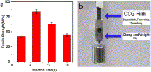 Fig. 7. (a) Tensile strength of CCG films prepared at different reaction times. (b) Digital photograph of a strip of graphene film supporting 275 g of load (the weight and the clamp), which is equal to 48 MPa of stress.