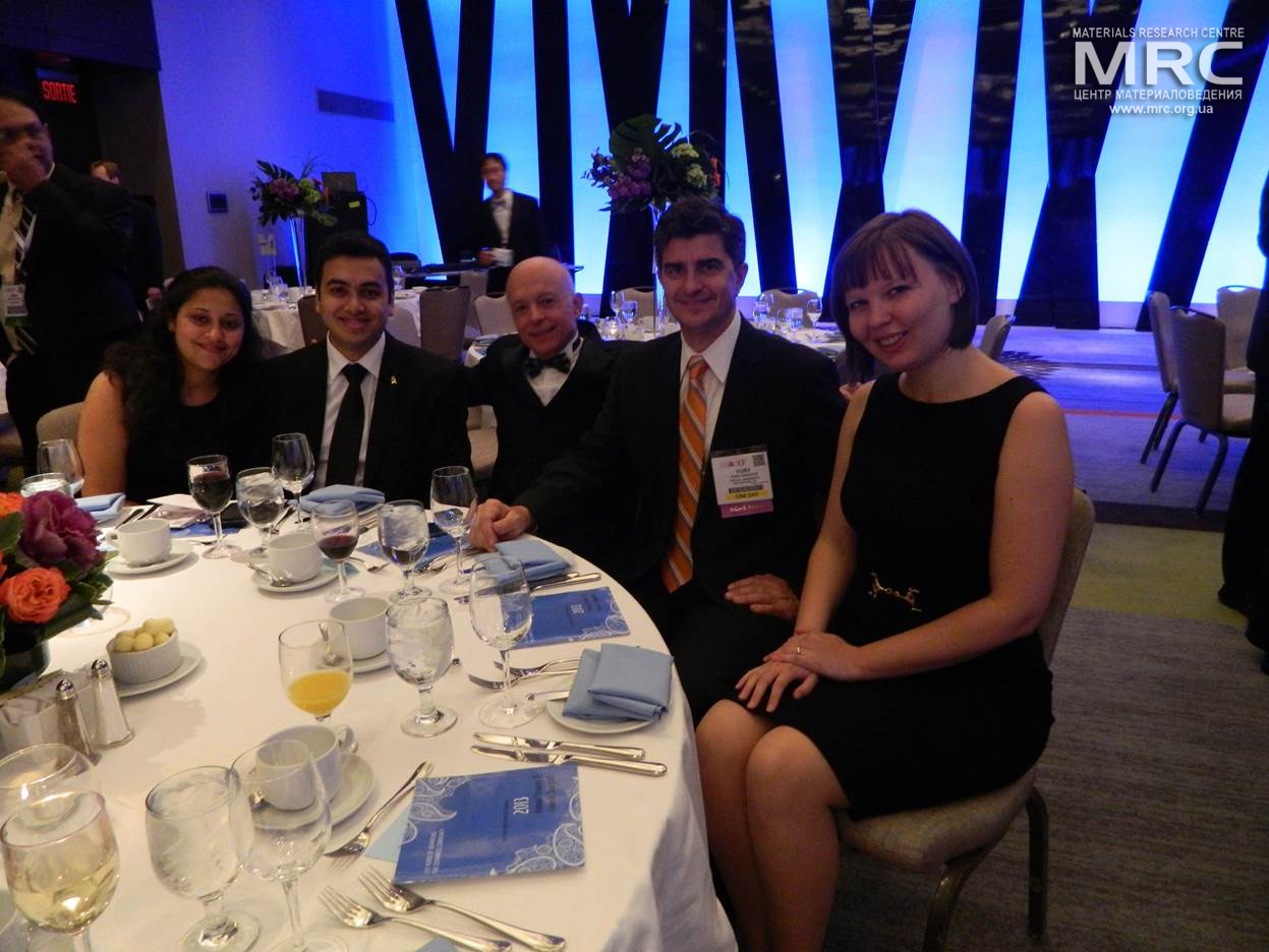 Drexel University team at  MS&T conference dinner, from left to right: Michael Naguib, prof. Michel Barsoum, prof. Yury Gogotsi, Olha Mashtalir