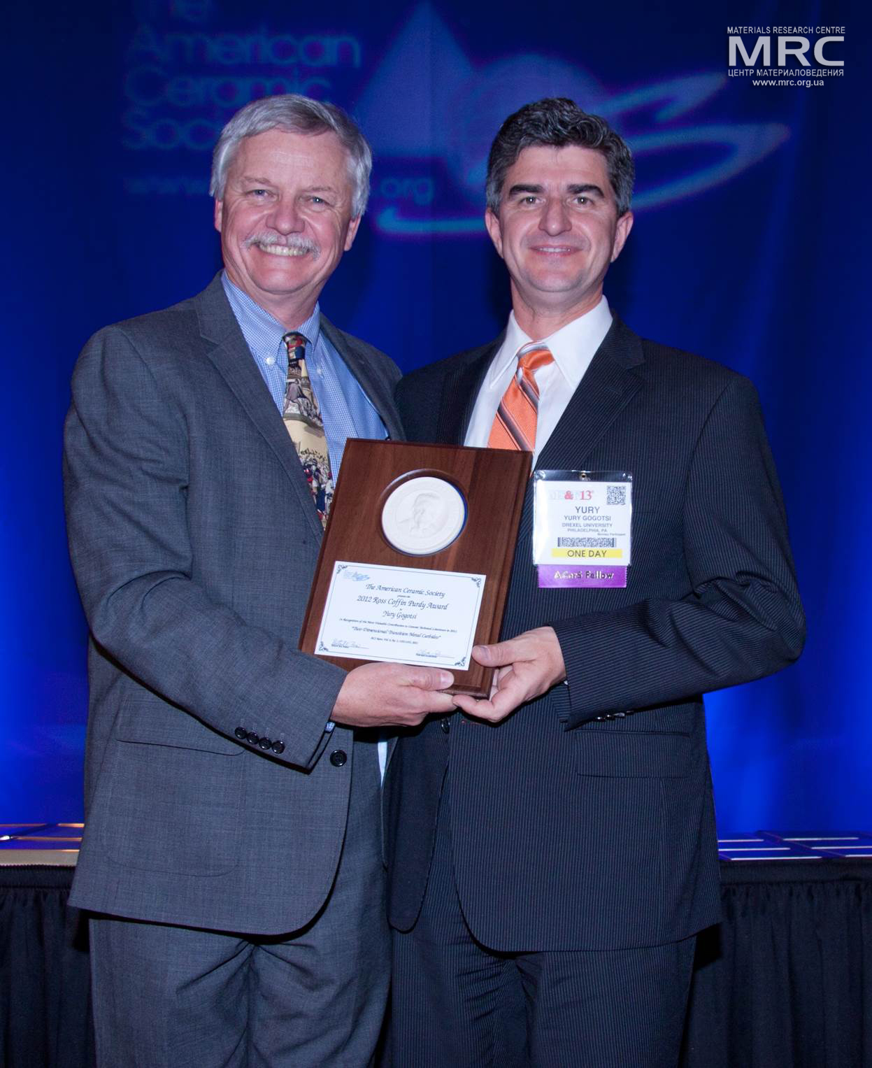 Professor Yuru Gogotsi, Drexel University, USA, was awarded with ACerS' Ross Coffin Purdy Award,  Materials Science and Technology Conference in Montréal, Canada, October 2013