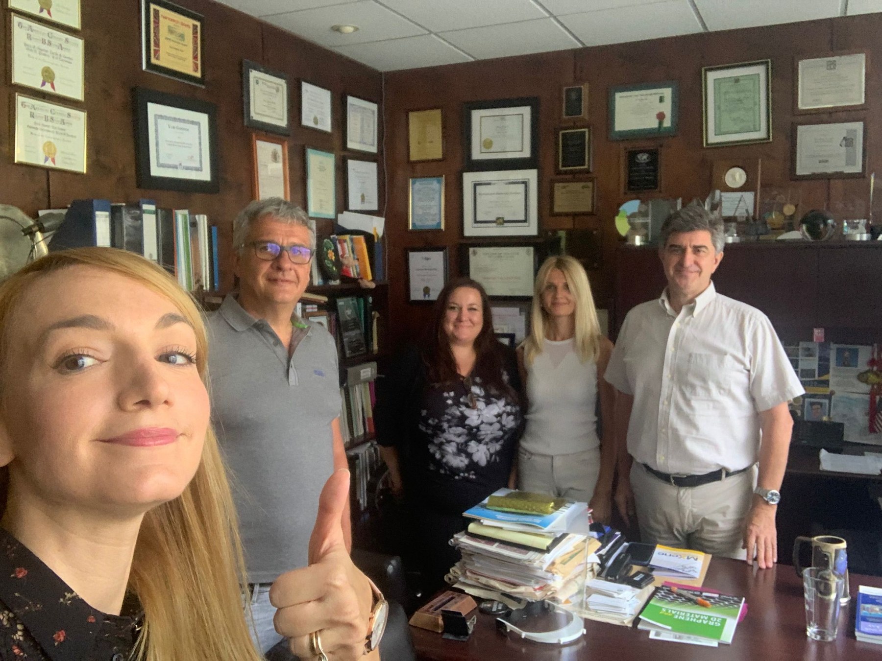 Meeting during the MXene international conference held in Drexel University on Aug. 3,  2022, and discussing the roadmap for launching MX-MAP project: from left to right: Dr. Lucia Delogu, University of Padua, Italy; Dr. Oleksiy Gogotsi, MRC, Ukarine; Dr. Laura Fusco, University of Padua, Italy; Veronika Zahorodna, MRC, Ukraine and Prof. Yury Gogotsi, Drexel University, USA