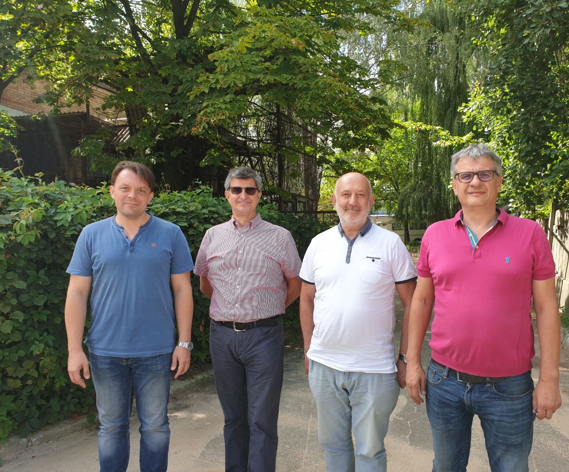 CANBIOSE seminar, invited experts and participants from left to right: Dr. Maksym Pogorielov (Nano Prime, Poland), Prof. Yury Gogotsi (Drexel University, USA), Prof. Alexander Pogrebnjak (SSU, Ukraine), director of MRC Oleksiy Gogotsi,  Kyiv, Ukraine, August 01, 2020