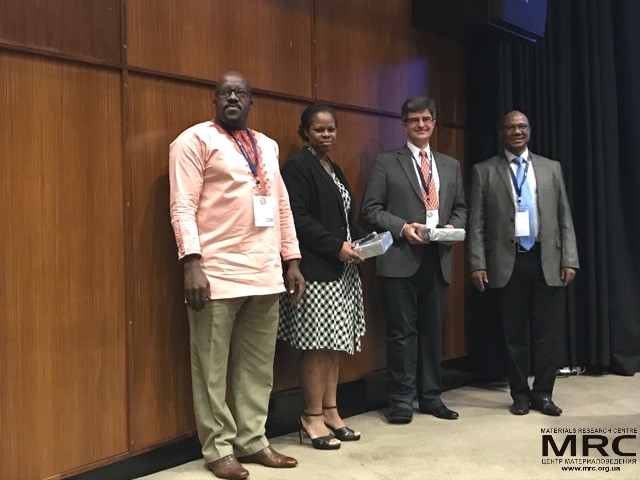 Professor Yury Gogotsi with the Conference Chair Prof. Ncholu Manyala, University of Pretoria (right) and senior representatives of the host organization (CSIR), 1st Africa Energy Materials conference, Pretoria, March 28, 2017