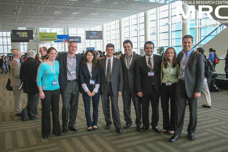 Drexel Nanomaterials Research Team, headed by professor Yury Gogotsi, at The 2013 Materials Research Society Spring Meeting, April 2013. From left to right: Katie Van Aken, ohn K. McDonough, Maria Lukatskaya, prof. Yury Gogotsi, Carlos Perez, Majid Beidaghi, Kelsey Hatzell,  Boris Dyatkin    