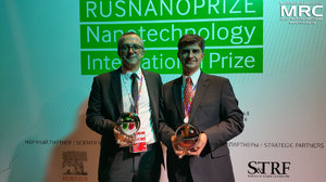 Award Ceremony of RUSNANOPRIZE 2015 Laureats Yury Gogotsi, Distinguished University Professor and Trustee Chair at Drexel University, Department of Materials Science and Engineering, Director of the A.J. Drexel Nanomaterials Institute, Member of the Board of Materials Research Society, MRS and Patrice Simon, Professor in Materials Sciences at Paul Sabatier University, at Open Innovations Forum, Moscow, October 28, 2015
