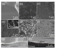 Fig. 4.   SEM images of SiC etched in HF solution in ethanol at different current densities (a) unetched SiC (b) 5 mA/cm2 (c) 10 mA/cm2 (d) 20 mA/cm2 (e) 40 mA/cm2 (f) 60 mA/cm2. Note: Fig. 4 (d) inset shows a backscattered electron image of SiC etched at 20 mA/cm2. SEM micrographs of unetched SiC (g) and etched SiC (h) (at 20 mA/cm2).