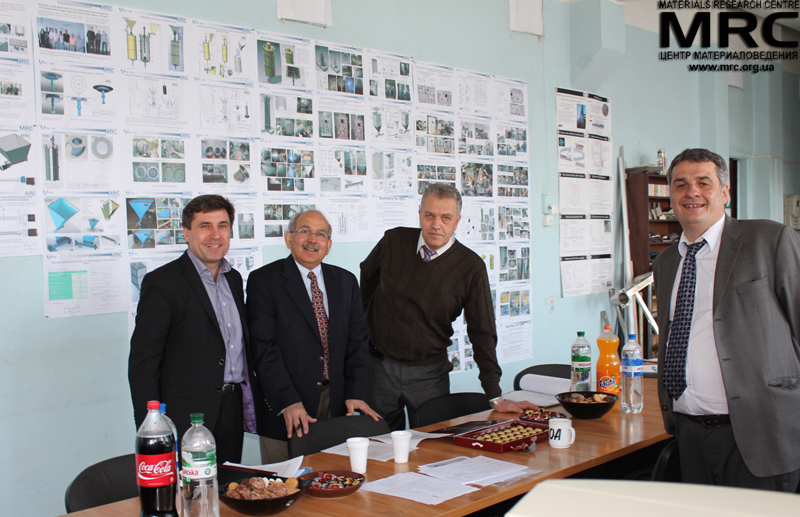 Meeting participants from left to right: S.Saenko(KIPT), Upendra S. Rohatgi(Brookhaven National Laboratory, USA), M.Gubinskiy(NMetAU) and O.Gogotsi (Materials Research Centre)